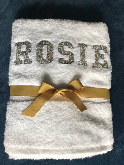 Personalised Bath Towel Custom Made With Liberty Fabric, Baby Gift, Shower, Bridesmaids Wedding Applique, 100% Eqyptian C - image 1