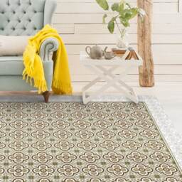 Tiles Linoleum Rug, Vinyl Floor Mat. Sepia Tiles Printed On PVC Carpet, Beige Design. Art Mat - thumbnail 2