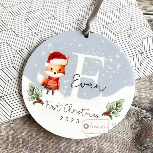 Personalised 1st Christmas Baby Babies Baby's First Woodland Fox Ceramic Or Acrylic Round Ornament Keepsake Boy Gift Child