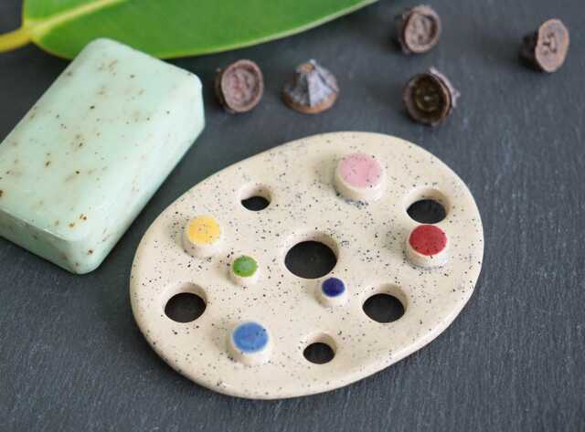 Ceramic Soap Dish With Colorful Dots & Drainage Holes, Glossy Glazed Black Speckles, Handmade - image 1