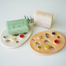 Ceramic Soap Dish With Colorful Dots & Drainage Holes, Glossy Glazed Black Speckles, Handmade - thumbnail 4