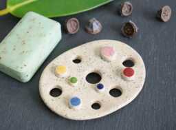 Ceramic Soap Dish With Colorful Dots & Drainage Holes, Glossy Glazed Black Speckles, Handmade - thumbnail 1
