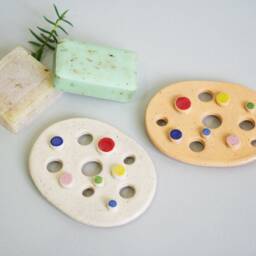 Ceramic Soap Dish With Colorful Dots & Drainage Holes, Glossy Glazed Black Speckles, Handmade - thumbnail 2