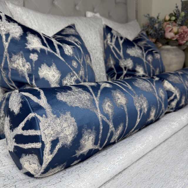 Decorative Navy Bolster Cushion 16x6 Altamira Ink Ashley Wilde Luxury Floral Pillow Handmade UK Kk Pearl Decor - image 1