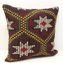 Handmade Kilim Pillow Cover 20x20, Turkish Wool Cotton Cushion - thumbnail 3