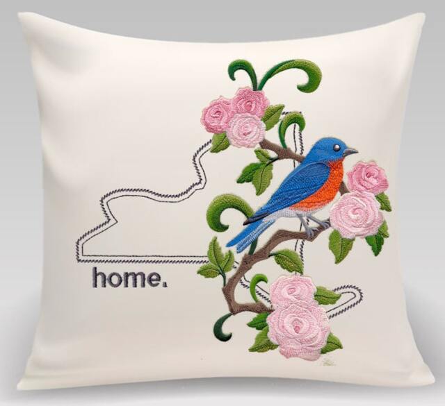 New York Bluebird & Rose Medley. Embroidered With Feather Insert