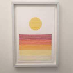 Radiant Sun Embroidery Art, Handmade Stitched Paper, Framed Wall Hanging - thumbnail 3