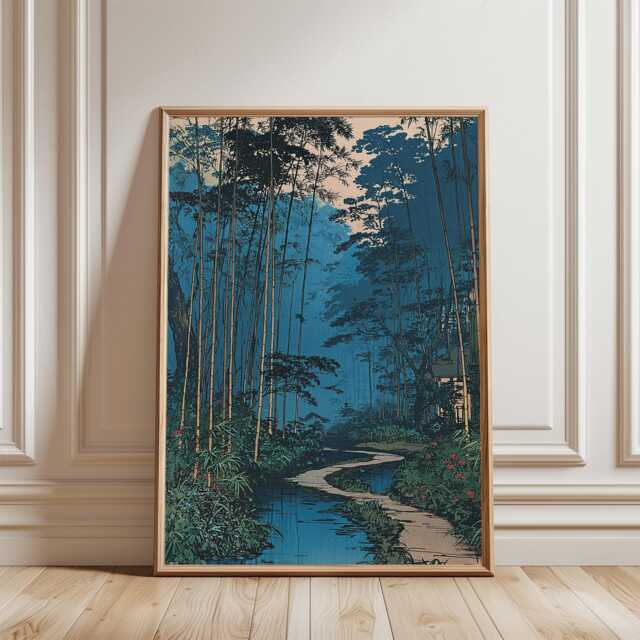 Bamboo Forest River Poster - Japanese Woodblock Landscape Art Blue Green Nature Scene - image 1