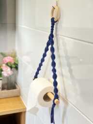 Indigo Blue Toilet Roll Holder Wall Mounted, Farmhouse Navy Tissue Rack, Rope Loo Paper Hanging Rail, Boho Chic Bathroom Fixings