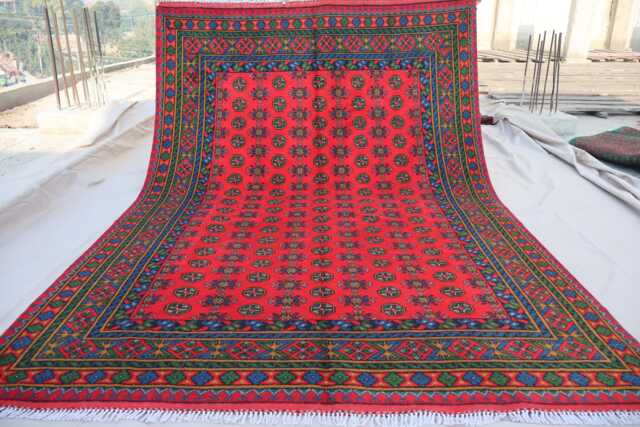 7x10 Afghan Bukhara Rug, 6'4x9'8 Hand Knotted Veg Dyes Wool Turkmen Traditional Area Red Green Blue Bedroom, Living Room Rug - image 1