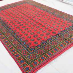 7x10 Afghan Bukhara Rug, 6'4x9'8 Hand Knotted Veg Dyes Wool Turkmen Traditional Area Red Green Blue Bedroom, Living Room Rug - thumbnail 2