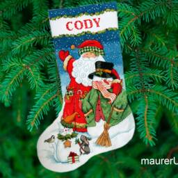 Personalised Christmas Stocking With Embroidered Santa & Snowman Custom Cross Stitch Family Stockings Decor Made To Order - thumbnail 2