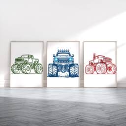 Monster Truck Posters - Set Of 3 Prints - Boys Bedroom Artwork Car Wall Art Print Red, Blue, Green Kids Room Home Decor Picture - thumbnail 1