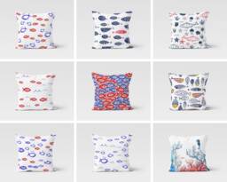 Red Blue Fish Pillow Case/Beach Cover/Yacht Supplement Cushion Case/Jellyfish Starfish Throw Cushion/Coastal Home Decor - thumbnail 1