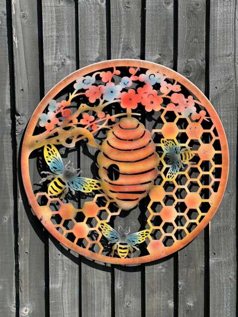 Handmade Bee & Beehive Metal Wall Art, Garden Decor - 60cm - image 1