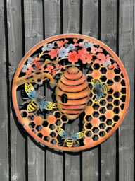 Handmade Bee & Beehive Metal Wall Art, Garden Decor - 60cm - thumbnail 1
