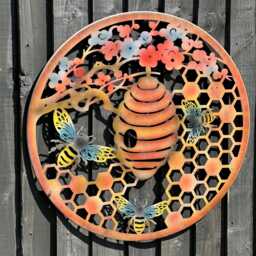 Handmade Bee & Beehive Metal Wall Art, Garden Decor - 60cm - thumbnail 3