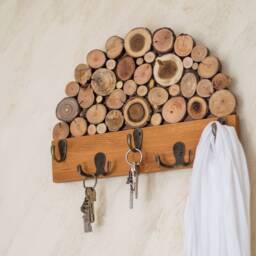 Natural Wood Key Holder Oak Color, Functional Entryway Wall Organizer, Exclusive Handmade Art - thumbnail 3