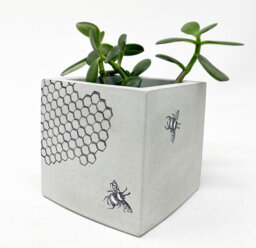 Concrete Planter, Square, Cube, Bees & Honeycomb Succulent Cement Modern Industrial - thumbnail 1