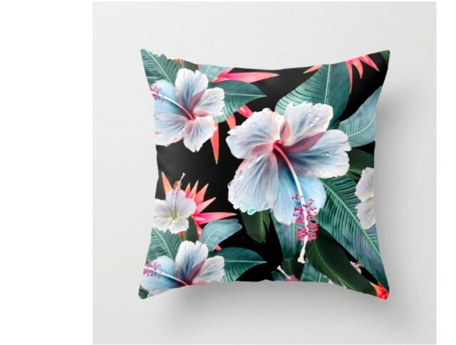 Hawaii Tropical Pillow, Cushion, Durable Fabric, Throw Pillows 16x 16, 18x18 Or 20x20 Inches, Hibiscus Palm Leaf Print Original Design Black - image 1