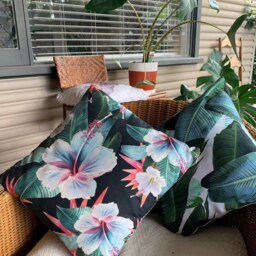 Hawaii Tropical Pillow, Cushion, Durable Fabric, Throw Pillows 16x 16, 18x18 Or 20x20 Inches, Hibiscus Palm Leaf Print Original Design Black - thumbnail 2