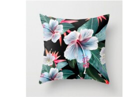 Hawaii Tropical Pillow, Cushion, Durable Fabric, Throw Pillows 16x 16, 18x18 Or 20x20 Inches, Hibiscus Palm Leaf Print Original Design Black - thumbnail 1