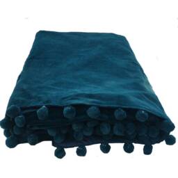 Luxury Blue Velvet Throw Blanket With Pompom Trim , 100% Cotton, Assorted Colours - thumbnail 2
