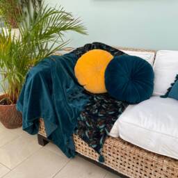 Luxury Blue Velvet Throw Blanket With Pompom Trim , 100% Cotton, Assorted Colours - thumbnail 1