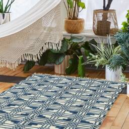 Handmade Indigo Dhurrie Rug Geometric Cotton Area Rug - thumbnail 3