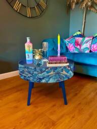 Round Coffee Table , Blue & Gold Marble Effect. Navy Metallic Table, Lift Off Top For Storage. End Lounge