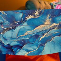 Round Coffee Table , Blue & Gold Marble Effect. Navy Metallic Table, Lift Off Top For Storage. End Lounge - thumbnail 2