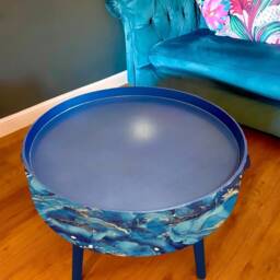 Round Coffee Table , Blue & Gold Marble Effect. Navy Metallic Table, Lift Off Top For Storage. End Lounge - thumbnail 4
