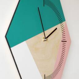 Hexagonal Wood Wall Clock Green, Pink, & White Geometric Decor - thumbnail 3