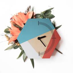 Hexagonal Wood Wall Clock Green, Pink, & White Geometric Decor - thumbnail 2