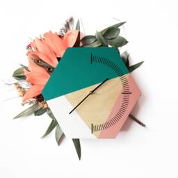 Hexagonal Wood Wall Clock Green, Pink, & White Geometric Decor