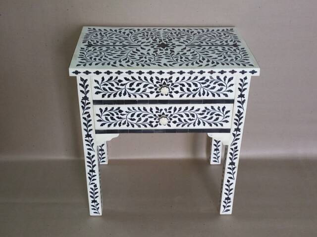 Bone & Horn Inlay Handmade Designer Black Floral Pattern Bedside Table - Two Drawers - image 1