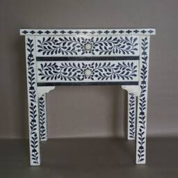 Bone & Horn Inlay Handmade Designer Black Floral Pattern Bedside Table - Two Drawers - thumbnail 2