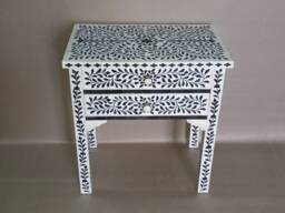 Bone & Horn Inlay Handmade Designer Black Floral Pattern Bedside Table - Two Drawers - thumbnail 1
