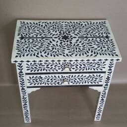 Bone & Horn Inlay Handmade Designer Black Floral Pattern Bedside Table - Two Drawers - thumbnail 3