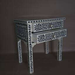 Bone & Horn Inlay Handmade Designer Black Floral Pattern Bedside Table - Two Drawers - thumbnail 4