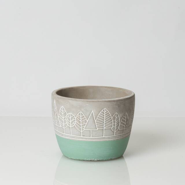 4 Inch Teal Forrest Pot, Tree Cache Etched Planter, Decorated Woodland Pot - image 1