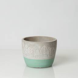 4 Inch Teal Forrest Pot, Tree Cache Etched Planter, Decorated Woodland Pot