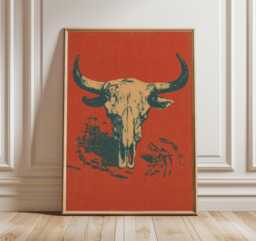 Longhorn Skull Wall Art Poster, Vintage Western Illustration Print - thumbnail 1