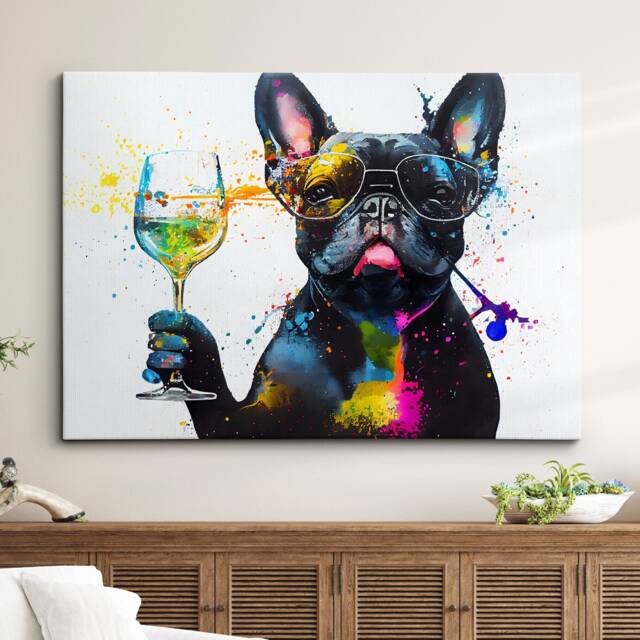 French Bulldog Toasting Drink Dog Pet Abstract Modern Painting Wall Art, Framed Canvas Poster Print, Home Kitchen Office Room Decor, Gifts - image 1