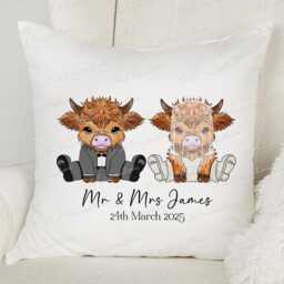 Highland Cow Wedding Cushion. Personalised Engagement, Wedding Or Anniversary Cushion Congratulations. Highland Coo - thumbnail 1