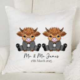 Highland Cow Wedding Cushion. Personalised Engagement, Wedding Or Anniversary Cushion Congratulations. Highland Coo - thumbnail 3