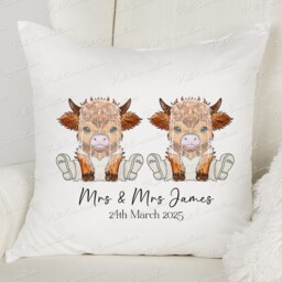 Highland Cow Wedding Cushion. Personalised Engagement, Wedding Or Anniversary Cushion Congratulations. Highland Coo - thumbnail 2