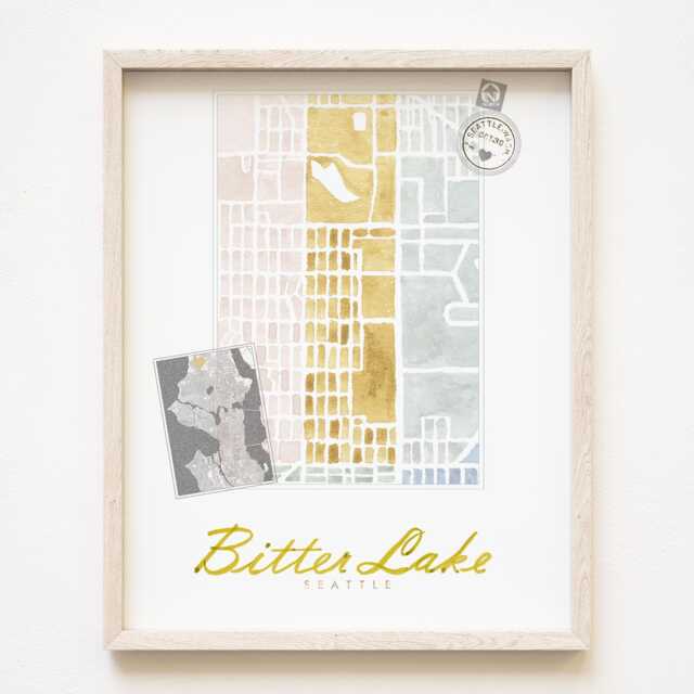Bitter Lake Seattle Neighborhood Map Watercolor Print Washington City Block Plan - Art Print Downtown Wall Realtor Gift Local - image 1