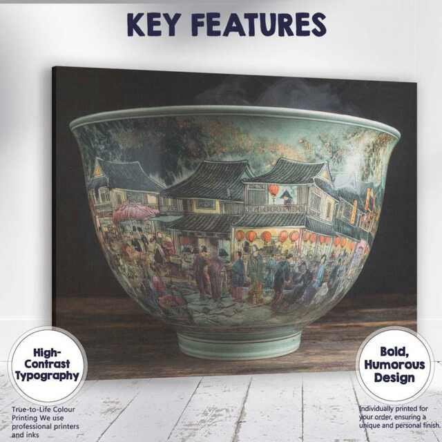 Traditional Chinese Market Street Porcelain Bowl Artwork Canvas Wall Art Print Decor Picture Ready To Hang - image 1