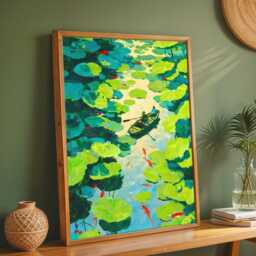 Koi Pond Art Print - Japanese Lily Pad Poster Monet Style Nature Wall Zen Home Decor Peaceful Gift - thumbnail 1